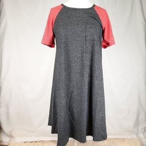 LuLaRoe Carly swing dress gray red contrast short sleeve pocket high-low small